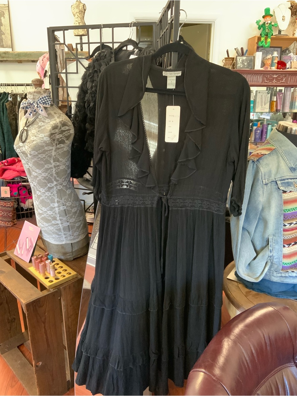 Black Ruffle-Front Tie-Waist Long Sleeve Jacket